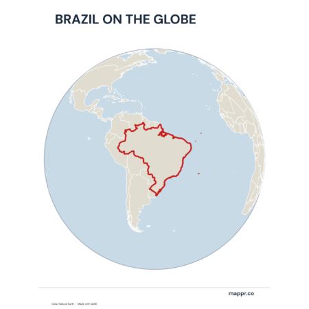A map highlighting Brazil's location on a globe, marked with a red outline.