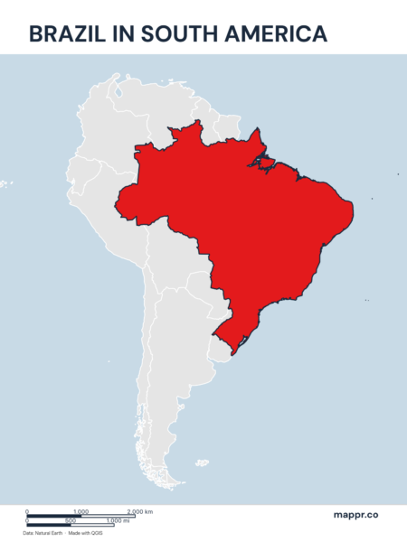 A map highlighting Brazil's location on the south american continent.