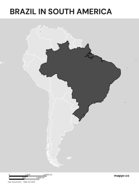 A map highlighting Brazil's location on the south american continent (black and white).