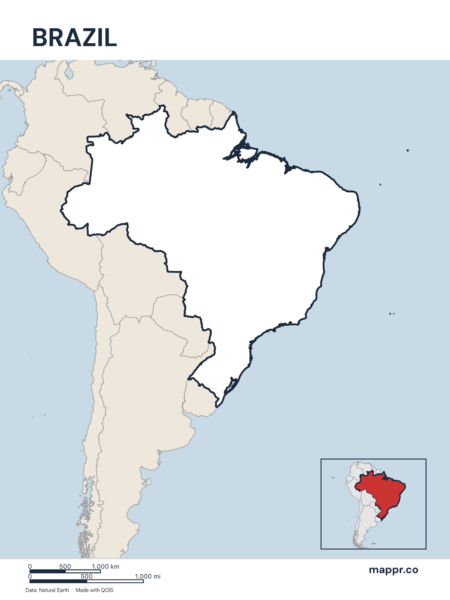 Outline map of Brazil with detailed country borders, showcasing its geographical shape.
