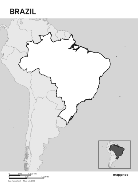 Outline map of Brazil with detailed country borders, showcasing its geographical shape (black and white).