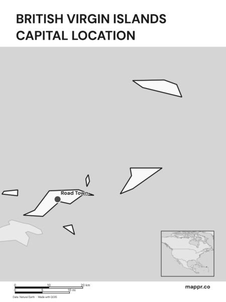 Detailed map pinpointing Road Town, the capital of British Virgin Islands (black and white).