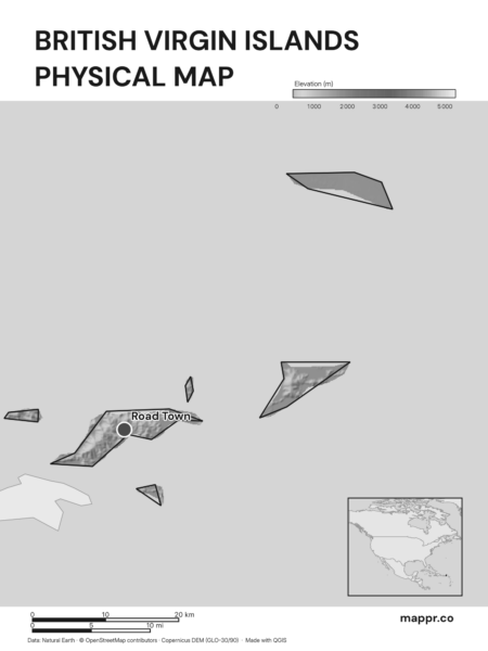 Map featuring Road Town, the capital of British Virgin Islands, with rich topographical detail (black and white).