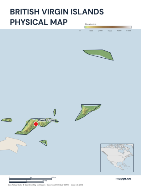 Map featuring Road Town, the capital of British Virgin Islands, with rich topographical detail.