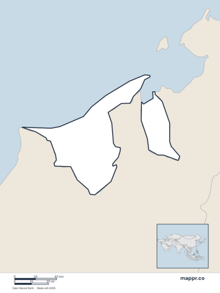 Blank political map of Brunei showing its international borders without labels.