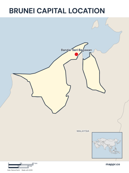 Detailed map pinpointing Bandar Seri Begawan, the capital of Brunei.