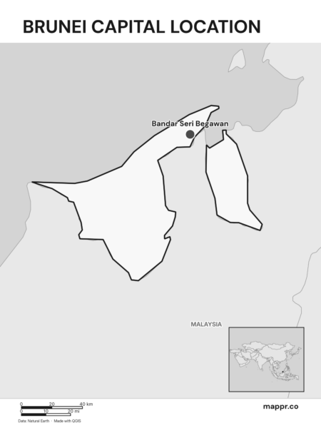 Detailed map pinpointing Bandar Seri Begawan, the capital of Brunei (black and white).