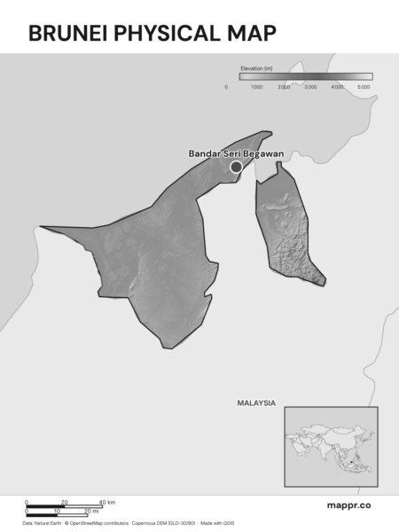 Map featuring Bandar Seri Begawan, the capital of Brunei, with rich topographical detail (black and white).