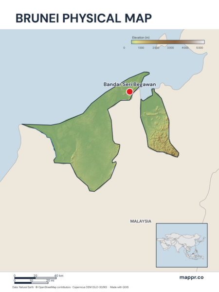 Map featuring Bandar Seri Begawan, the capital of Brunei, with rich topographical detail.