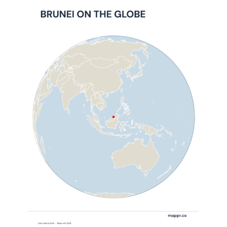 A map highlighting Brunei's location on a globe, marked with a red outline.