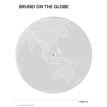 A map highlighting Brunei's location on a globe, marked with a red outline (black and white).