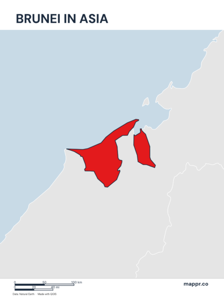 A map highlighting Brunei's location on the asian continent.