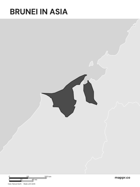 A map highlighting Brunei's location on the asian continent (black and white).