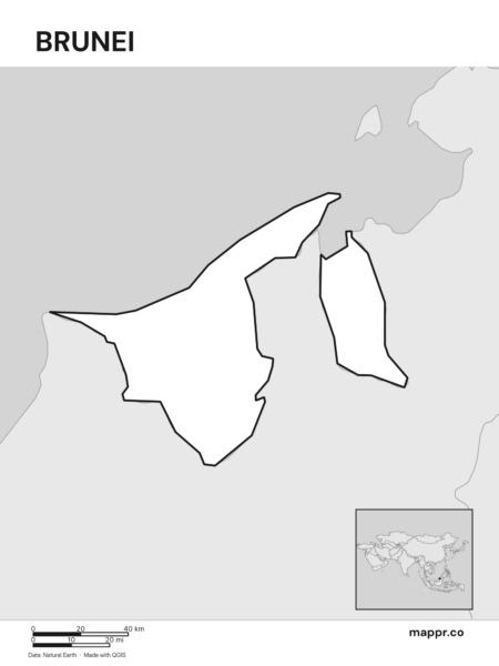 Outline map of Brunei with detailed country borders (black and white).