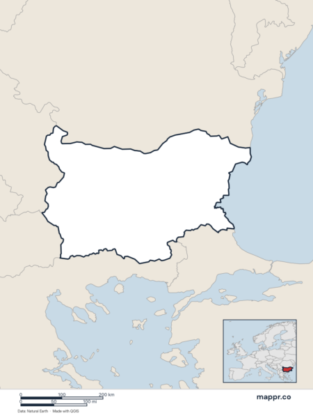 Blank political map of Bulgaria showing its international borders without labels.
