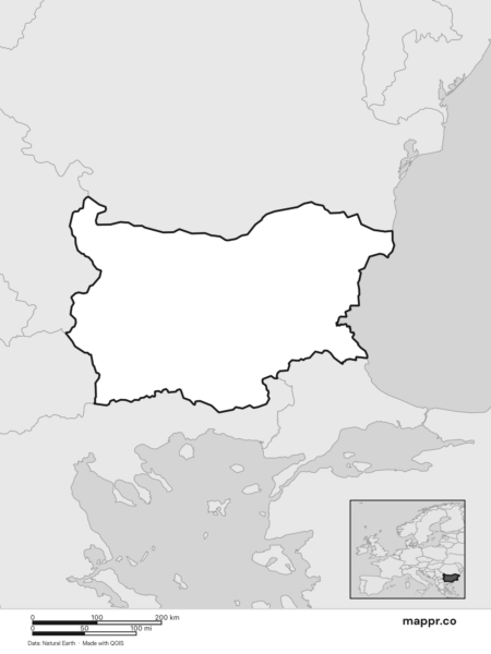 Blank political map of Bulgaria showing its international borders without labels (black and white).