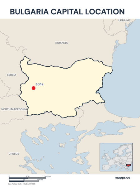 Detailed map pinpointing Sofia, the capital of Bulgaria.