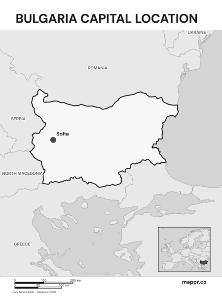 Detailed map pinpointing Sofia, the capital of Bulgaria (black and white).