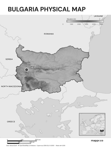 Map featuring Sofia, the capital of Bulgaria, with rich topographical detail (black and white).