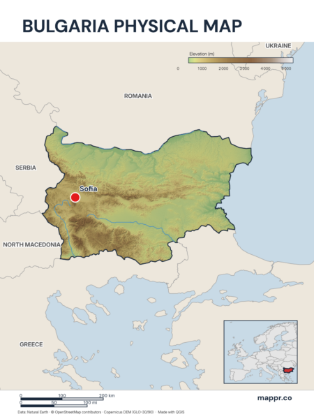 Map featuring Sofia, the capital of Bulgaria, with rich topographical detail.