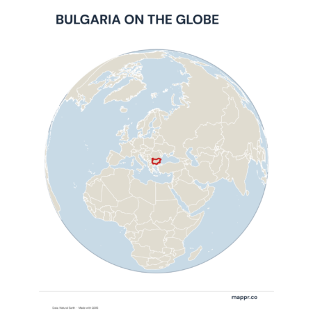 A map highlighting Bulgaria's location on a globe, marked with a red outline.