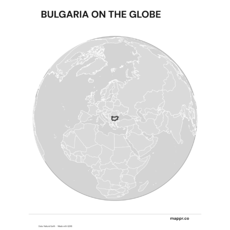 A map highlighting Bulgaria's location on a globe, marked with a red outline (black and white).