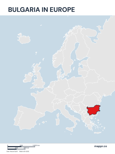 A map highlighting Bulgaria's location on the european continent.