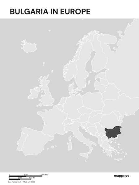 A map highlighting Bulgaria's location on the european continent (black and white).