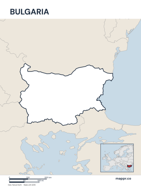 Outline map of Bulgaria with detailed country borders.
