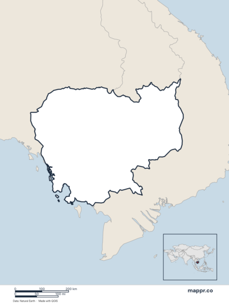 Blank political map of Cambodia showing its international borders without labels.