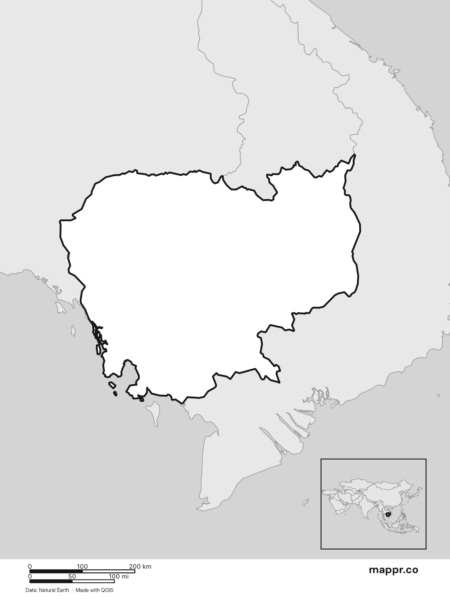 Blank political map of Cambodia showing its international borders without labels (black and white).