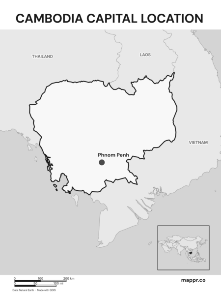 Detailed map pinpointing Phnom Penh, the capital of Cambodia (black and white).