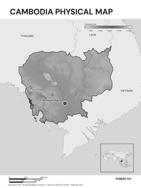 Map featuring Phnom Penh, the capital of Cambodia, with rich topographical detail (black and white).