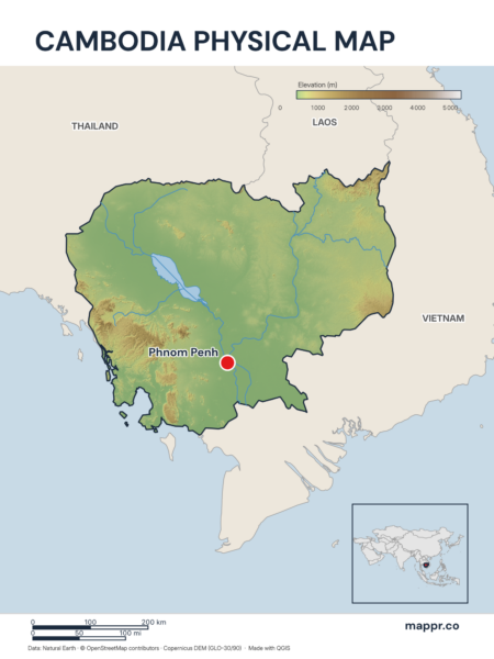 Map featuring Phnom Penh, the capital of Cambodia, with rich topographical detail.