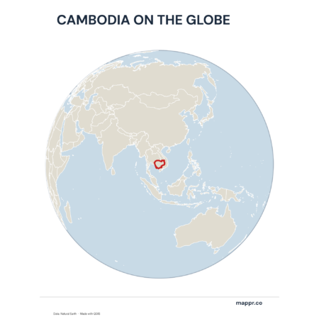 A map highlighting Cambodia's location on a globe, marked with a red outline.