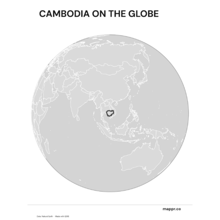 A map highlighting Cambodia's location on a globe, marked with a red outline (black and white).