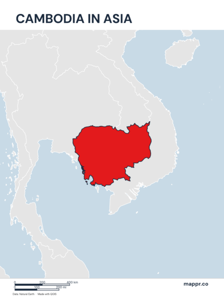 A map highlighting Cambodia's location on the asian continent.