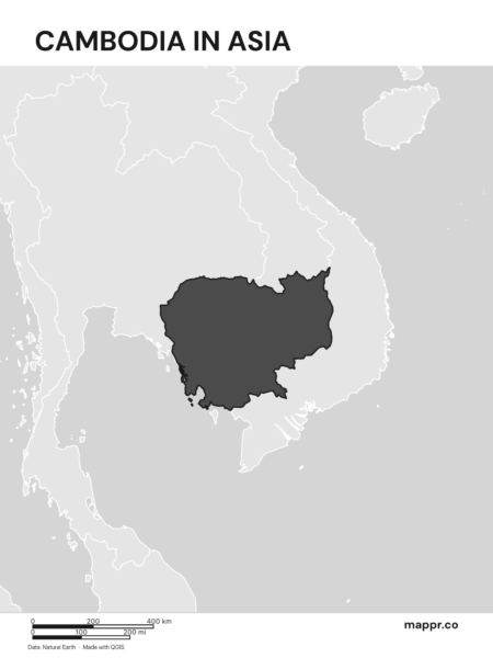 A map highlighting Cambodia's location on the asian continent (black and white).