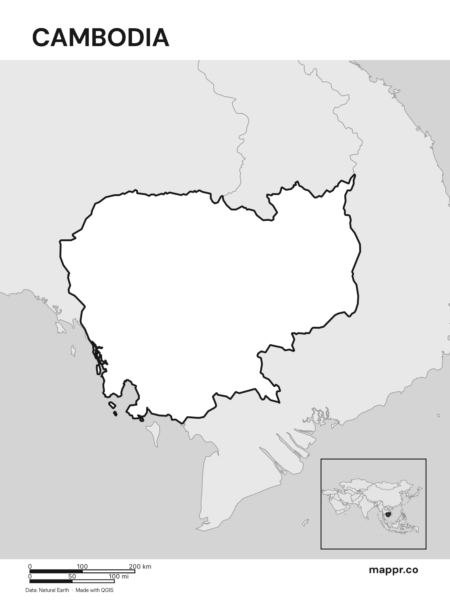 Outline map of Cambodia with detailed country borders (black and white).