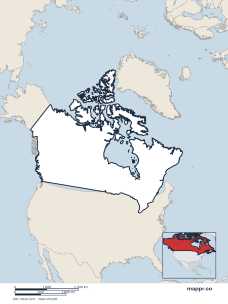 Blank political map of Canada showing its international borders without labels.