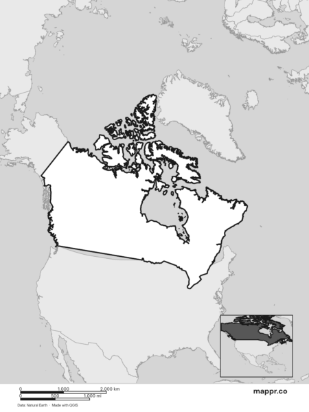 Blank political map of Canada showing its international borders without labels (black and white).