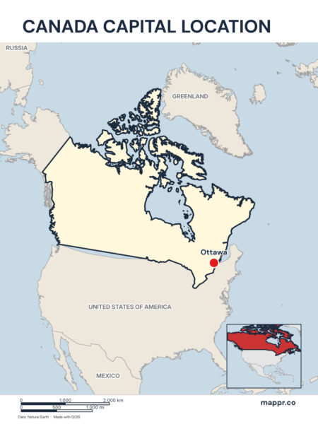 Detailed map pinpointing Ottawa, the capital of Canada.