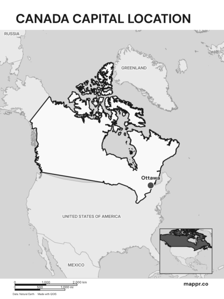 Detailed map pinpointing Ottawa, the capital of Canada (black and white).