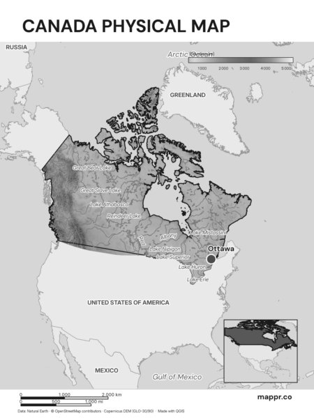 Map featuring Ottawa, the capital of Canada, with rich topographical detail (black and white).