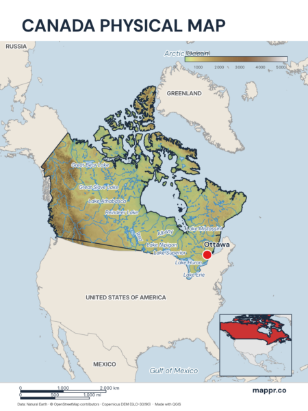 Map featuring Ottawa, the capital of Canada, with rich topographical detail.