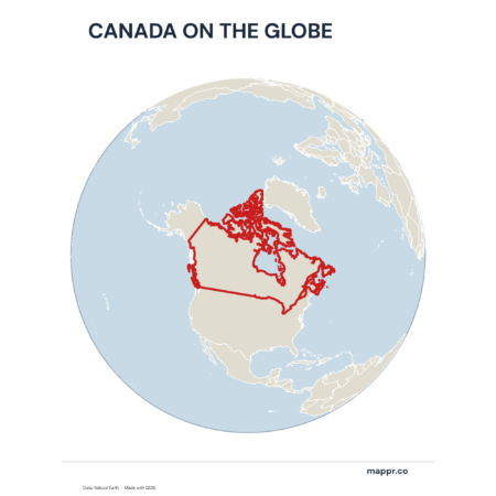 A map highlighting Canada's location on a globe, marked with a red outline.