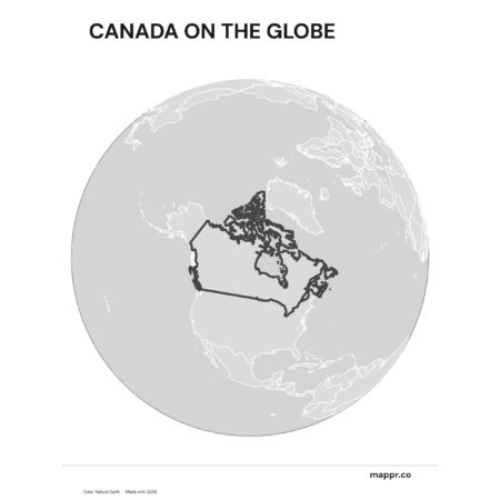 A map highlighting Canada's location on a globe, marked with a red outline (black and white).