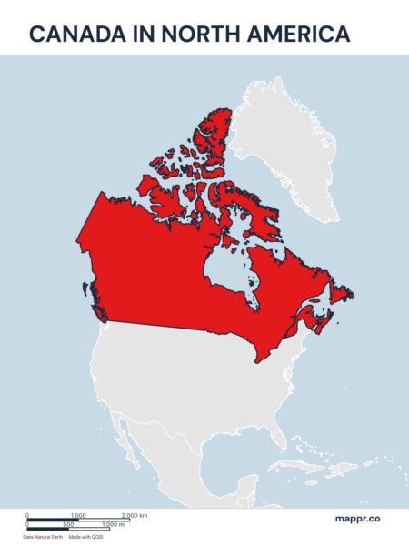 A map highlighting Canada's location on the north american continent.