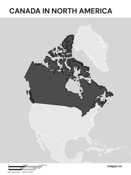A map highlighting Canada's location on the north american continent (black and white).