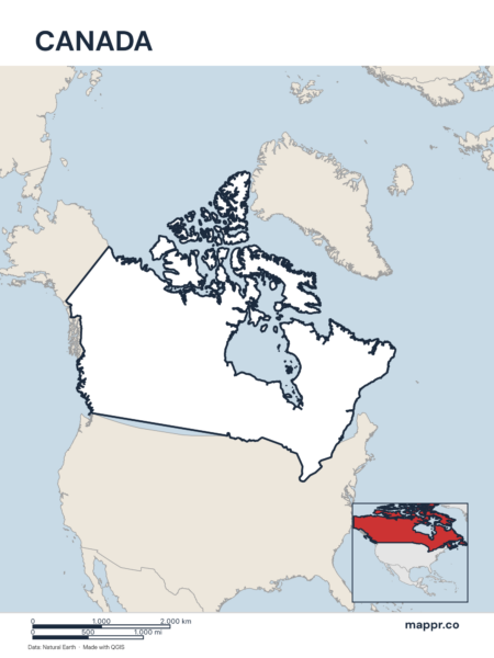 Outline map of Canada with detailed country borders, showcasing its geographical shape.